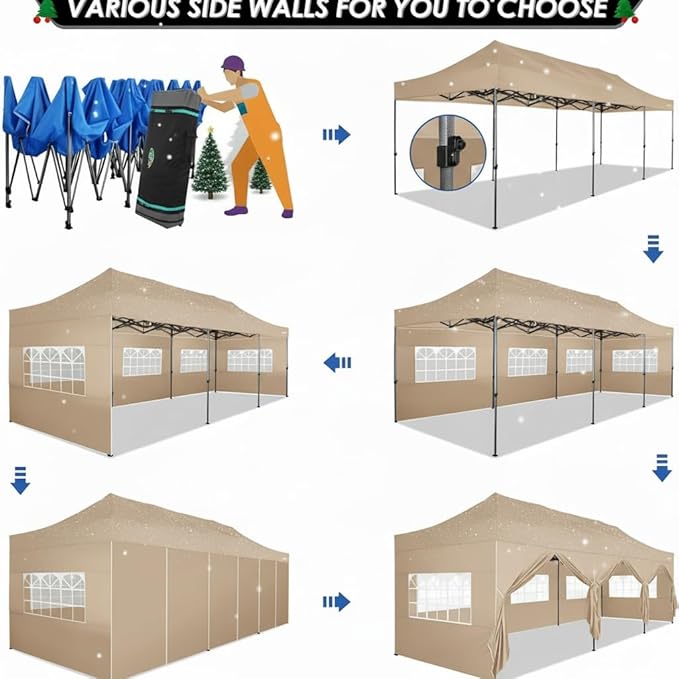 COBIZI 10x30 Pop up Canopy Heavy Duty with 8 Sidewalls,Easy Set-up Commercial Outdoor Party, Foldable UPF 50+ Waterproof Commercial Easy up Canopy with Wheeled Bag, Khaki