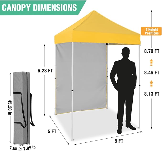 5x5 Pop Up Canopy Tent with One Sidewall, Instant Portable Beach Canopy, Outdoor Tent with Carry Bag for Camping, Sports, Tailgating, Events, Yellow
