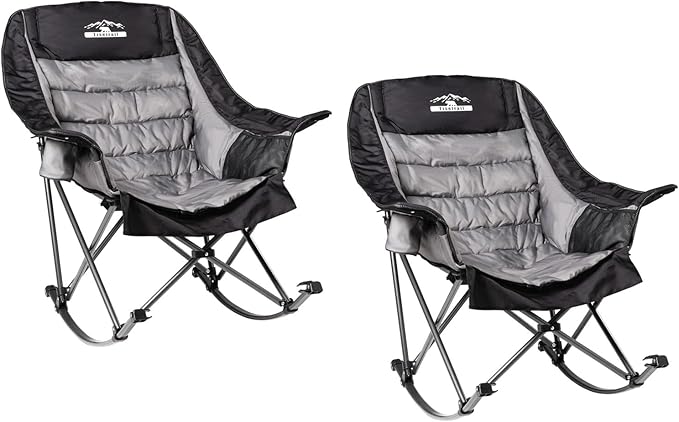 Oversized Rocking Camping Chairs with Side Pocket & Cup Holder - Set of 2 Heavy-Duty 400lbs Padded Outdoor Chairs (Black & Gray)