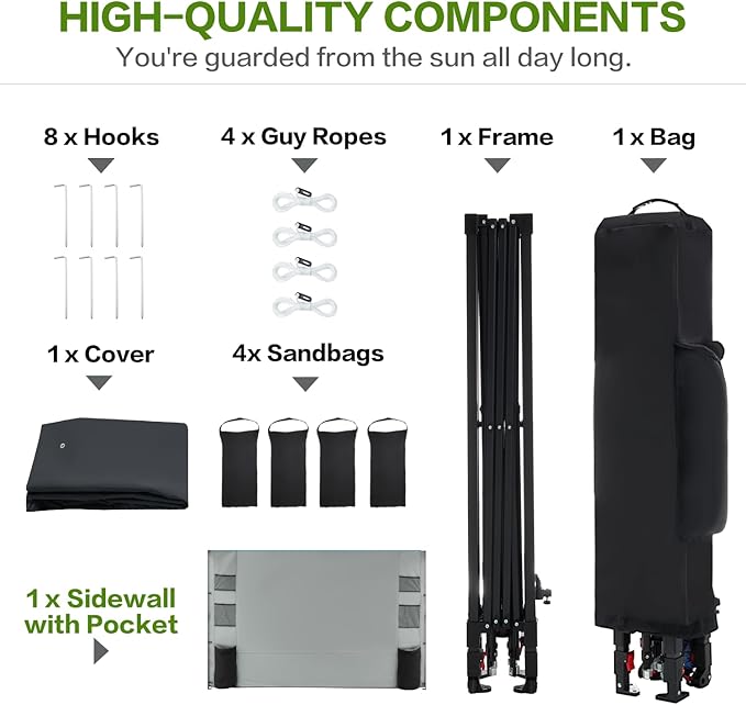 12'x12' Pop Up Canopy Tent with 1 Sidewall and 6 Pockets, One Push Setup, Instant Shade Tent with Vented Roof for Beach Patio Outdoor, Case, 8 Stakes, 4 Ropes, 4 Sandbags (Black, 12x12)