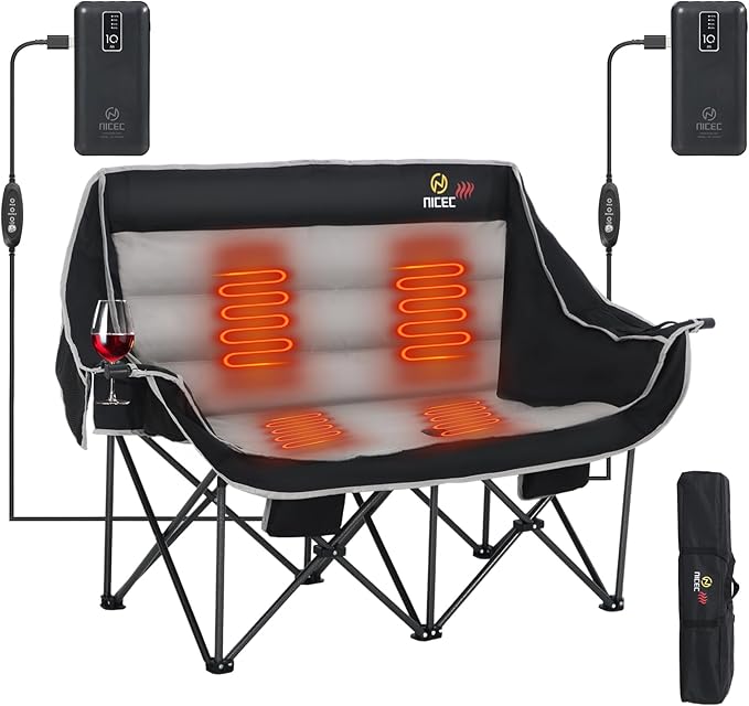 Nice C Heated Camping Chair with Battery, Outdoor Heated Folding Chairs, Double Padded Camping Chair for Adults, Camping Couch, with Cooler Bag, 2 Power Banks Included (Black&Grey)
