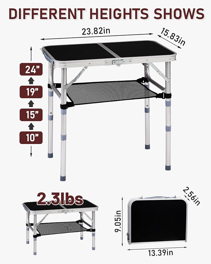 Outvita Folding Table, 2FT Aluminum Camping Table with Storage Adjustable Height Picnic Table Lightweight for Carring Outdoor Party Events Beach