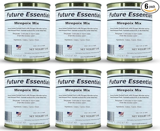Future Essentials Dehydrated Mirepoix Mix (Soffritto) with Dried Carrots, Celery & Onions | Shelf Stable Emergency Food | Hiking, Backpacking & Camping | Easy Prep Survival Food | #2.5 Can Pack of 6