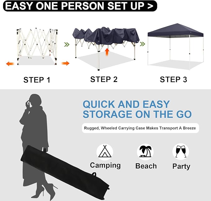 Northroad 10x10ft Pop Up Canopy, Popup Outdoor Canopy Tent with Wheeled Carrying Bag,Portable Gazebo Shelter for Patio,Deck,Garden,Beach（Dark Grey）