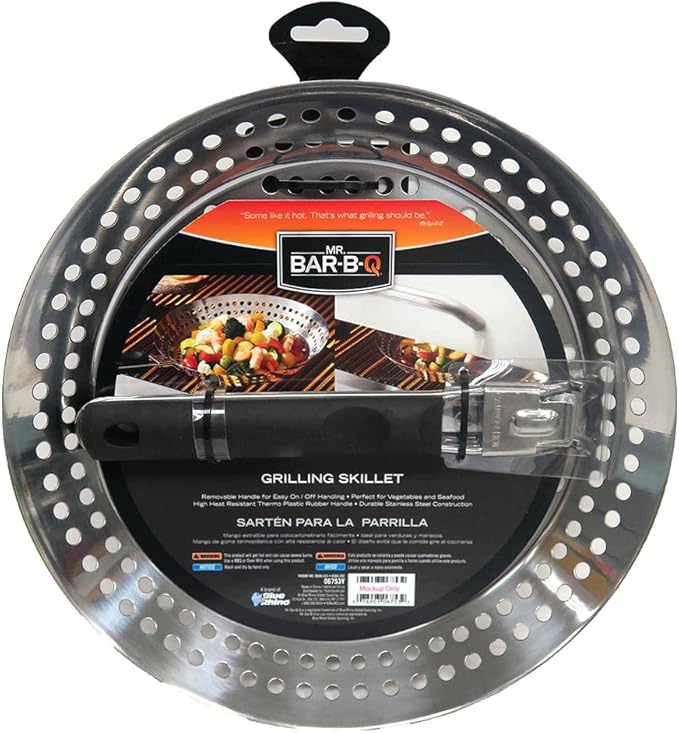 12" Stainless Steel Skillet, Deep Fryer Strainer for Seafood, Vegetable Grill Basket w/Removable Handle Stainless Steel for BBQ Grill, Camping, Backpacking, Grilling Accessories by Mr. Bar-B-Q 06753Y
