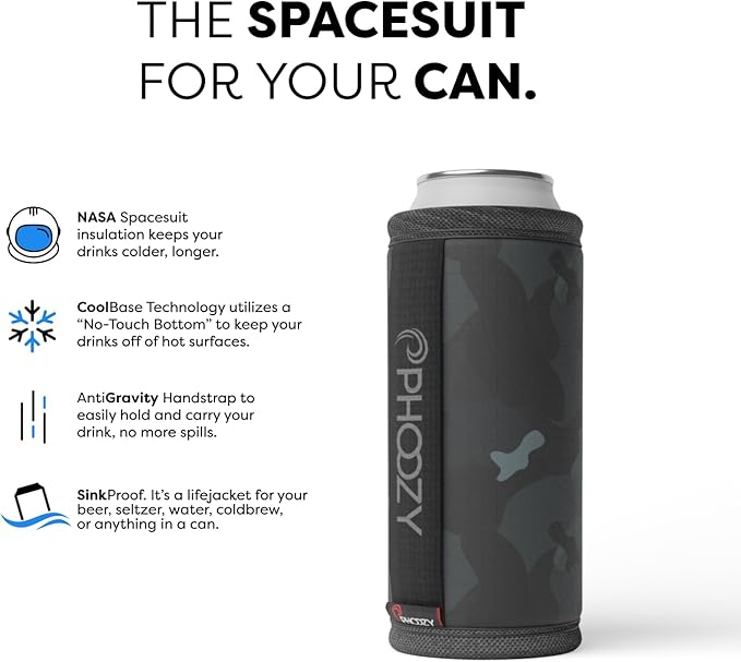 PHOOZY Insulated Can Cooler for Slim 12oz Cans with NASA-Inspired Technology - Patented Koozie That Keeps Drinks Cold 10x Longer - Lightweight Beer Koozie for Outdoor Adventures - Black Camo