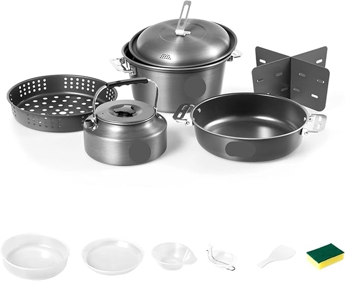 Portable Camping Cookware Set, Outdoor Tableware Pot Kettle and Frying Steaming Equipment for Picnic and Household Use