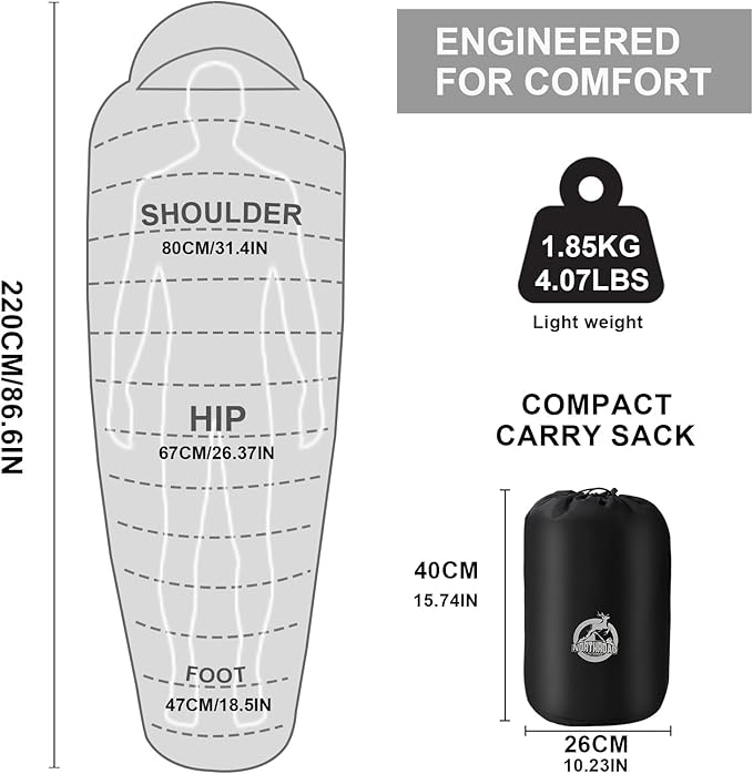 Northroad Mummy Sleeping Bag 14-59 ℉, 3-4 Season Warm & Cool Weather, Summer Spring Fall Lightweight Washable Sleeping Bag for Outdoor Camping Hiking Travel Hunting