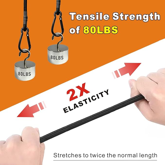 80in 4 Pcs Bungee Cords with Carabiner Hooks Heavy Duty, Outdoor Black Bungee Straps, Strong Industrial Grade Elastic Bungee Rope for Securing Tarps, Luggage, Tents，Bikes or Garden Tidying