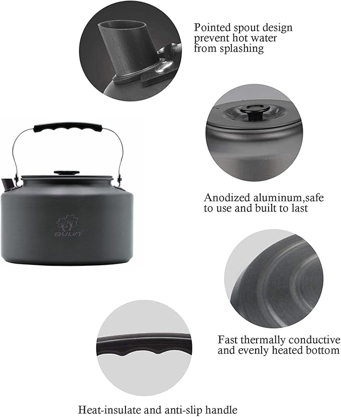 Bulin Camping Kettle, Large Portable Stovetop Tea Kettle Fast Heating Boiling Hot Water for Open Fire Lightweight Coffee Pot with Anti-Scald Handle & Carry Bag for Outdoor Hiking，Grey-1.6L