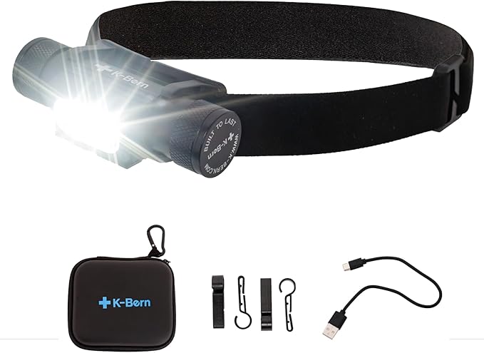 K-Bern Rechargeable Headlamp. 1850 Lumen, Ultra Bright Head Lights for Forehead. Waterproof, Lightweight Aluminum, 2600mAh Battery, Perfect for Dog Walking, Camping, Hiking & Hard Hats