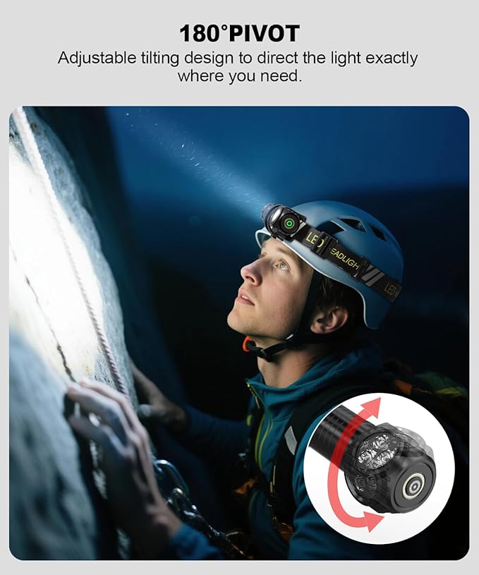 LED Rechargeable Headlamp for Adults - Hard Hat Light Running Head Lamp with Red Light, Magnet, 180° Tilt, 7 Modes, Detachable Flashlight & Headband, Outdoor, Emergency Use 2PC