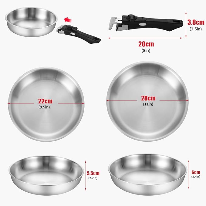 Inqibee Tri-Ply Stainless Steel Cookware Set with Removable Handle, Detachable Handle 8.5-11 Inch Frying Pan Set, Induction Kitchen Cooking Set for Home & RV Cooking, Dishwasher and Oven Safe