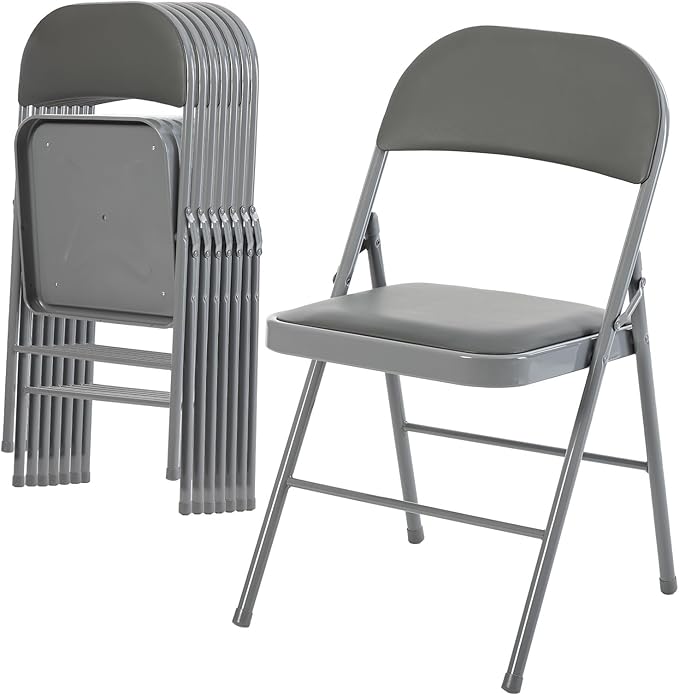 DUMOS 8 Pack Folding Chairs with Padded Cushion and Back - PU Leather Stackable Portable Dining Chiars Set, for Home and Office, Conference, Wedding, Party, Patio, Garden, for Indoor Outdoor, Grey