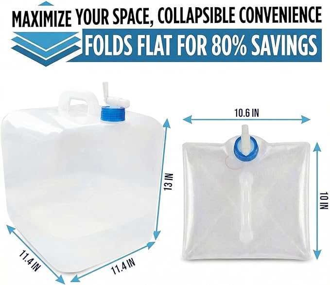 3-Pack 5.3 Gallon (20L) Collapsible Water Containers with Spigot - Food Grade PE Water Jug - Leak-Proof Water Storage Bag for Camping, Hiking & Emergency Backup - Portable, Foldable