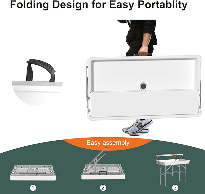 2 Tiers 4 Foot Ice Cooler Table, Folding Tailgate Camp Fishing Cleaning with Matching Skirt & Drain Hose, Plastic Ice Table for Party, BBQ, Camping, Picnic, Barbecues to Keep Drinks Cool, White