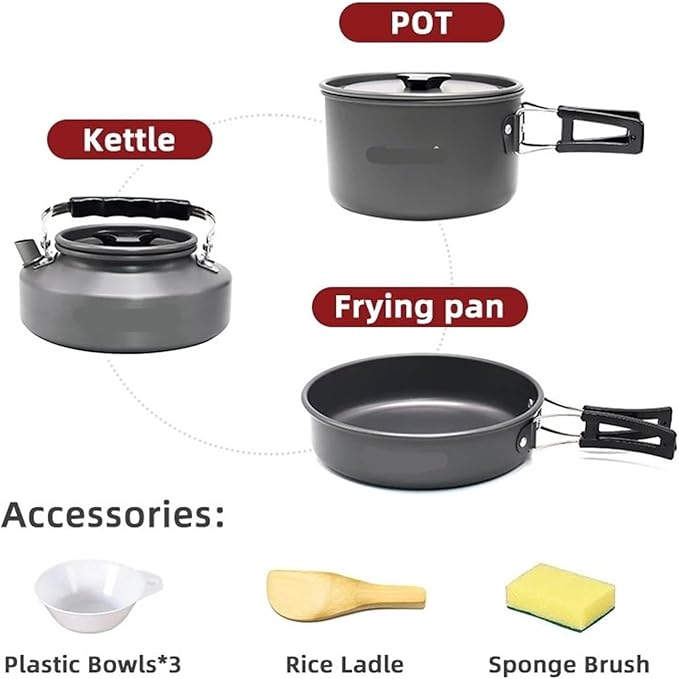 Camping Cookware Set Portable Kit Outdoor Pot Cooking Water Kettle Pan Tableware Hiking Picnic Equipment