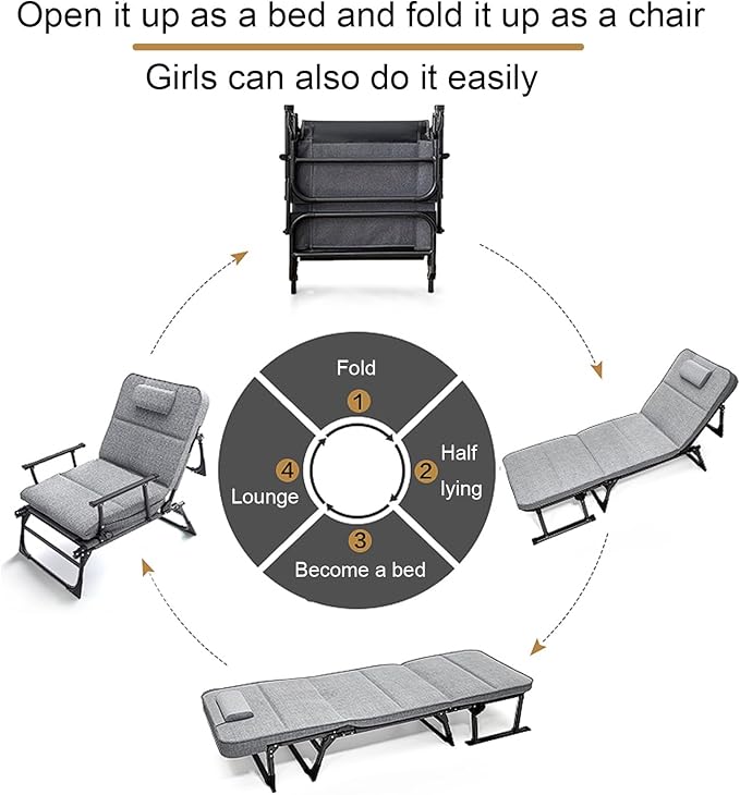 Camping Cot Bed and Chair Integrated, Cots for Camping Five Adjustable Levels, Camping Cots Bring a Blanket Without Taking up Space(Gray)