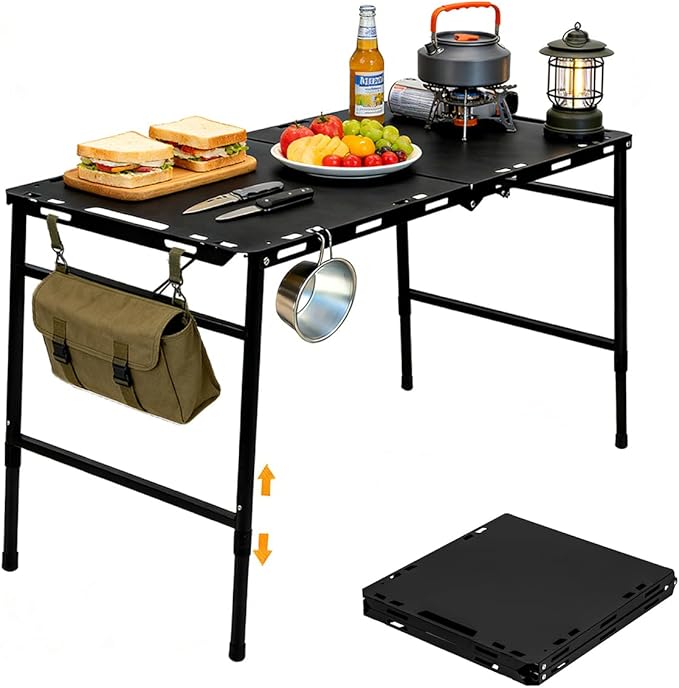 SoloWilder Foldable Camping Table with Gas Struts 3'5" Outdoor Portable Table 19" - 24" Height Adjustable Carbon Steel Lightweight Camping Table 12lb