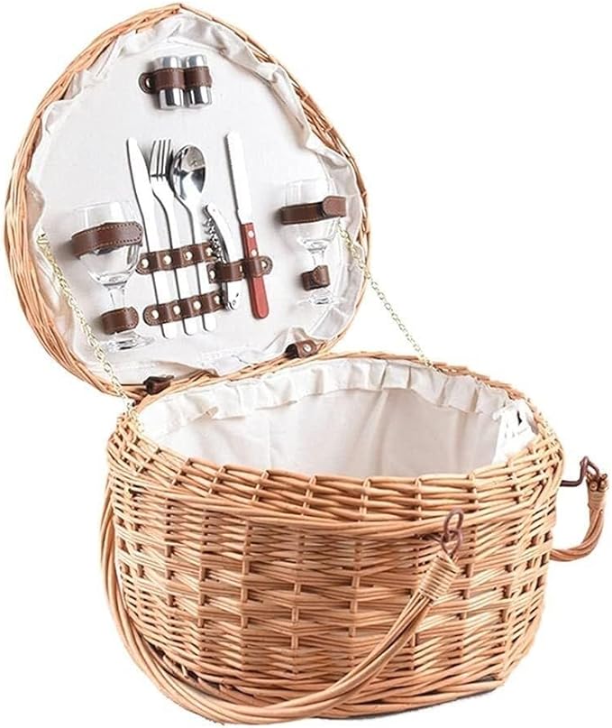 Heart-Shaped Wicker Picnic Basket for 2 with Lid & Foldable Handles, Includes Ceramic Tableware Set, 40x35x22cm, Ideal for Romantic Picnics, Camping, and Outdoor Parties