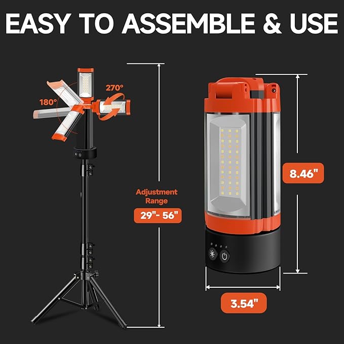 Rechargeable Camping Light with Adjustable Stand, 9000mAh Cordless Work Light with 3 LED Lamp Heads, 2200 Lumens Camping Essentials Gear Emergency Flashlight with Detachable Tripod