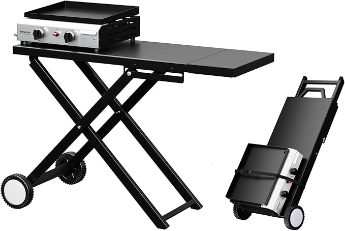 Bonnlo Foldable Flat Top Grill with 2 Burner, Powerful 20,000 BTU Propane Gas Grills with Ignition, Enamel Griddle, Side Shelf & Portable Cart with Wheels for Outdoor Camping Hibachi Grill Use
