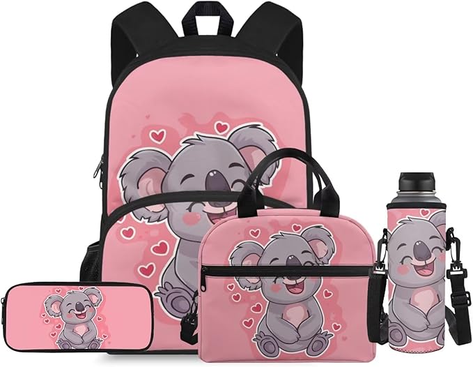 Pink Koala Boys Backpacks for Elementary School Bags for Kids 6-8 with Lunch Box Water Bottle Holder with Strap and Pencil Pouch 4 In 1 Lightweight Shoulder Bags Daypack