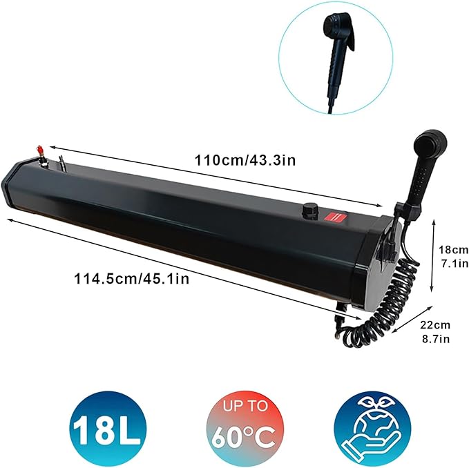 Pressurized Camping Shower with Solar Heating, Portable Water Tank for Outdoor Activities Including Overlanding, Surfing, and Fishing