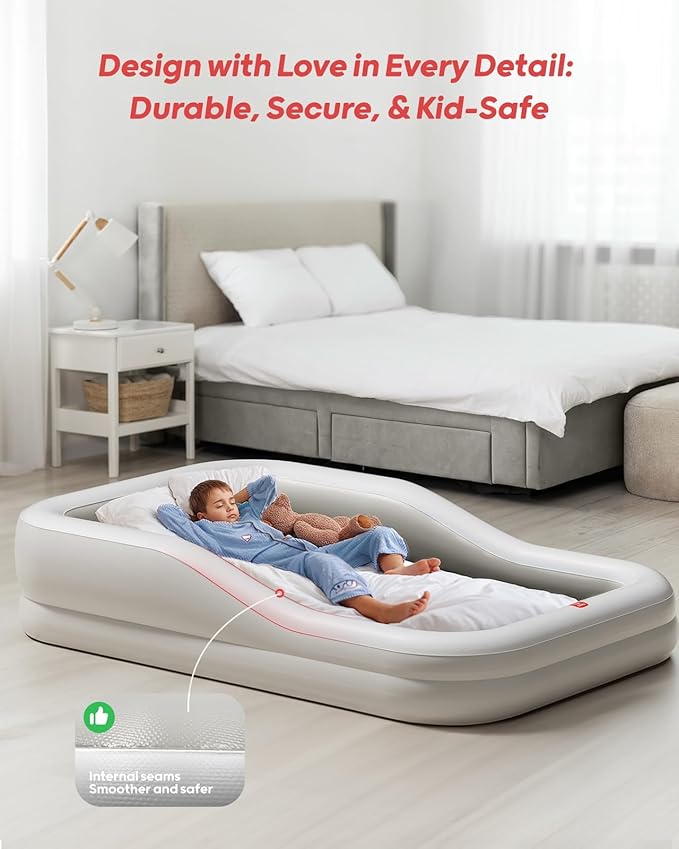 QPAU Inflatable Toddler Travel Bed with 3-Sided Safety Bumpers, Extra Large Kids Air Mattress, Includes Detachable Mattress, Portable for Camping, Travel, Home Use (Grey)