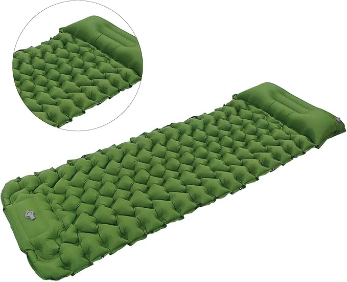 Ergonomic Inflating Sleeping Pad with Foot Pump and Storage Bag, and Wear for Office, Camping, and Outdoor Use (Olive Green)