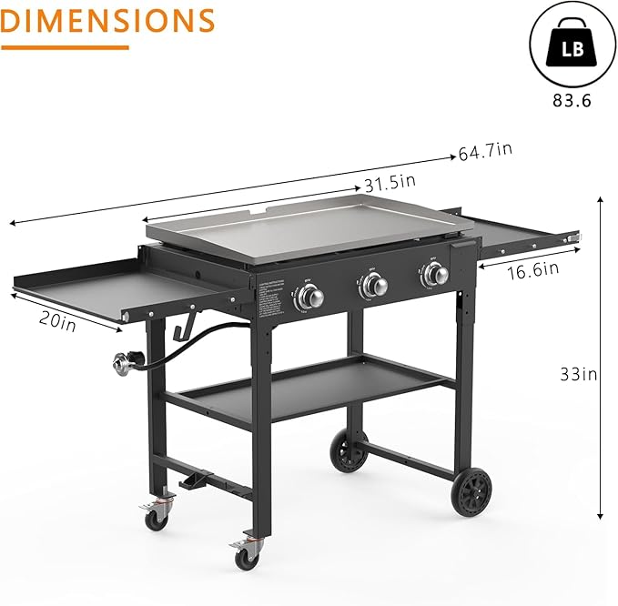 SKOK Foldable Gas Griddle-31.5 Inch Outdoor Propane Griddle, Portable Flat Top Gas Grill -45000 BTU Propane Fuelled, 3 Burners Table Top Griddle Station with Side Shelves