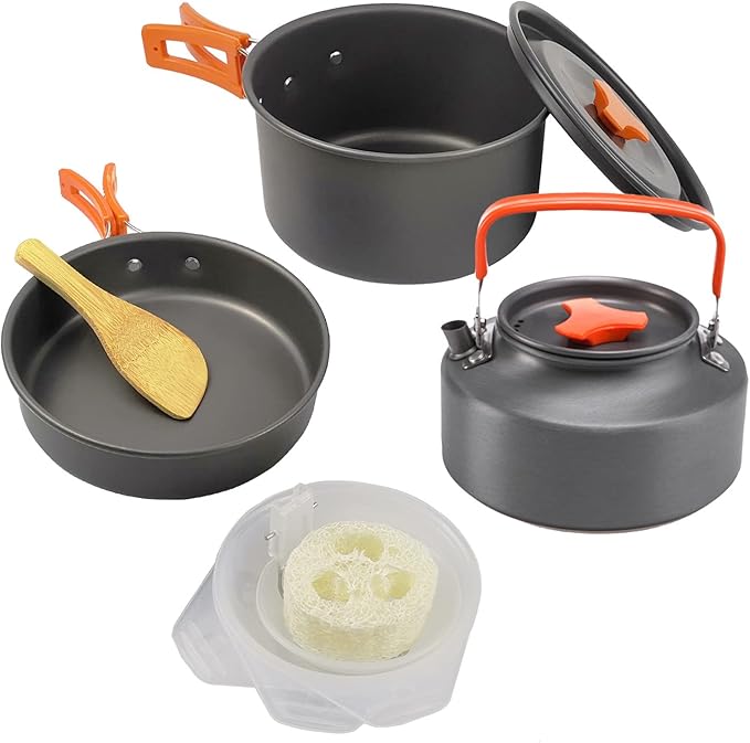 9 Pcs Camping Cookware Set Outdoor Non-Stick Cooking Backpacking Pots Teapots Bowls Set Mess Kit Hiking Picnic Tableware Equipment