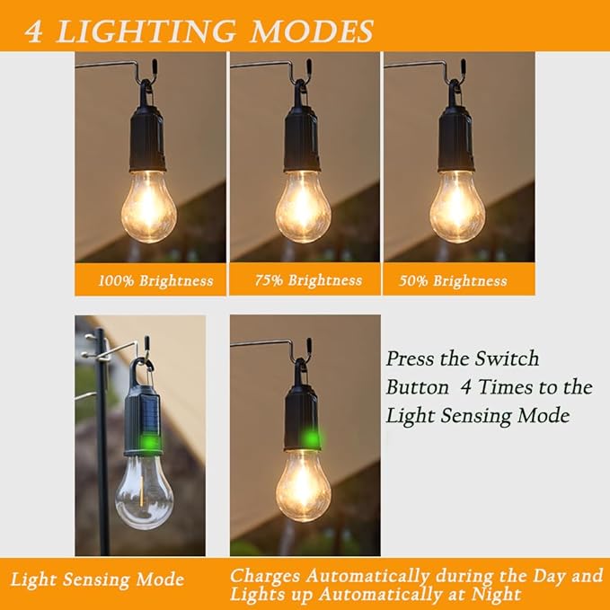 4 Pack Solar Camping Lights Sensor Hanging Hooked Tent Lantern Outdoor USB Rechargeable Bulb Lamp with Clip Hook Keychain 4 Lighting Modes for Christmas Decorations Hiking Backpacking Warm Light