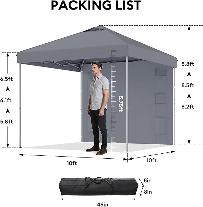 10x10 Pop Up Canopy with Sidewalls, Instant Heavy Duty Canopy Tent for Parties, Events, Camping, One Person Setup - Gray