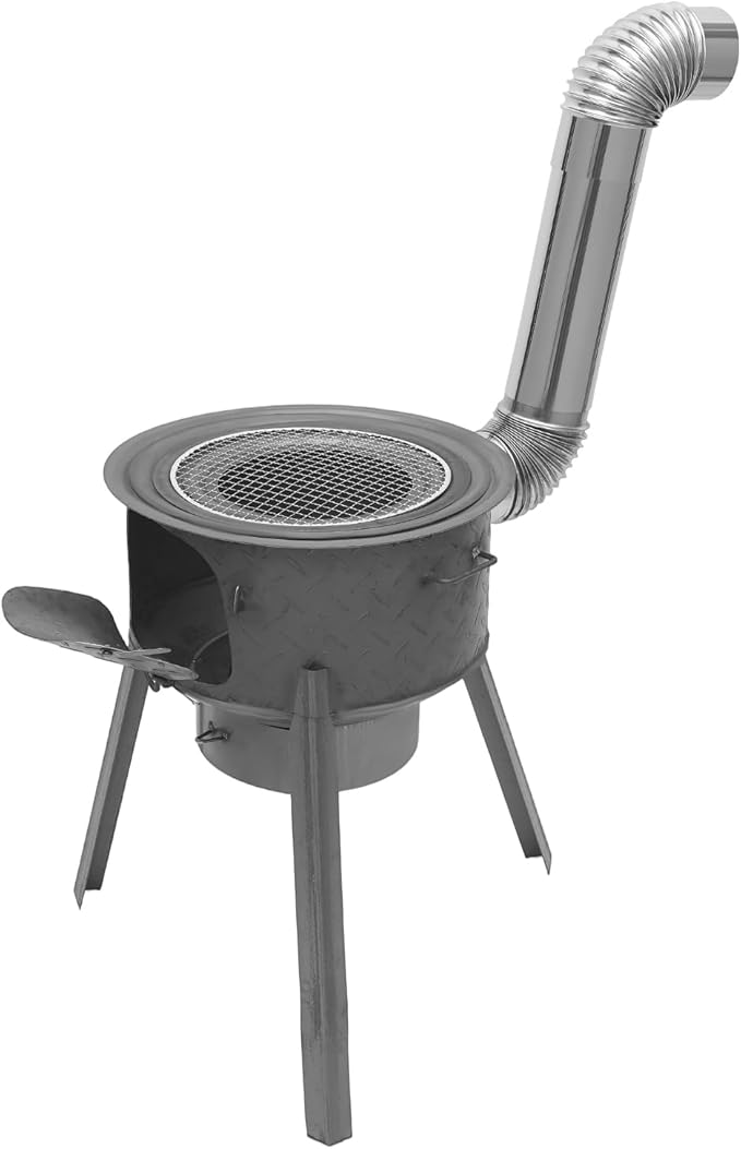 Wood Burning Stove with Grill Rack, Portable Camping Rocket Stove Chimney Charcoal Grill & Wok Rings, for Outdoor Backyard Cooking, Picnic and Barbecue (Silver+Black, 16.9 in)