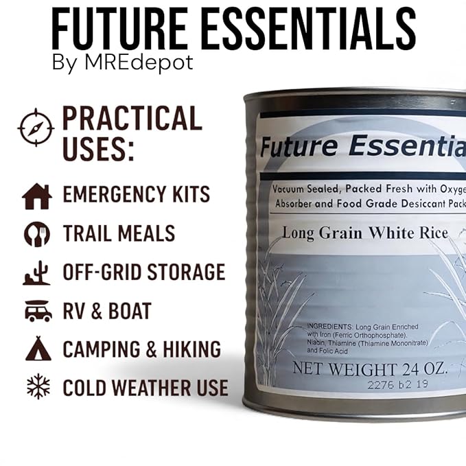 Future Essentials Long Grain White Rice – USA Grown, Uncooked White Rice with 25-Year Shelf Life – Shelf-Stable, Vacuum-Sealed Emergency Food – 24 oz #2.5 Can (Pack of 6)