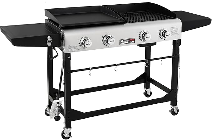 Royal Gourmet GD401 Portable Propane Gas Grill and Griddle Combo with Side Table | 4-Burner, Folding Legs,Versatile, Outdoor | Black 66 Inch
