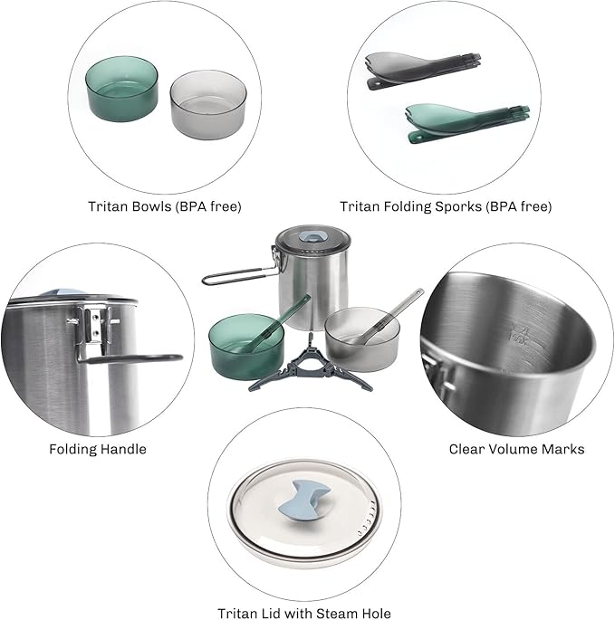 Duo Camping Cooking Set 1.6L Stainless Pot Hiking Picnic Cookware Dishes Tableware Utensil for Tourism