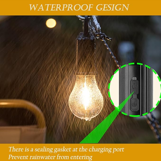 4 Pack Solar Camping Lights Sensor Hanging Hooked Tent Lantern Outdoor USB Rechargeable Bulb Lamp with Clip Hook Keychain 4 Lighting Modes for Christmas Decorations Hiking Backpacking Warm Light