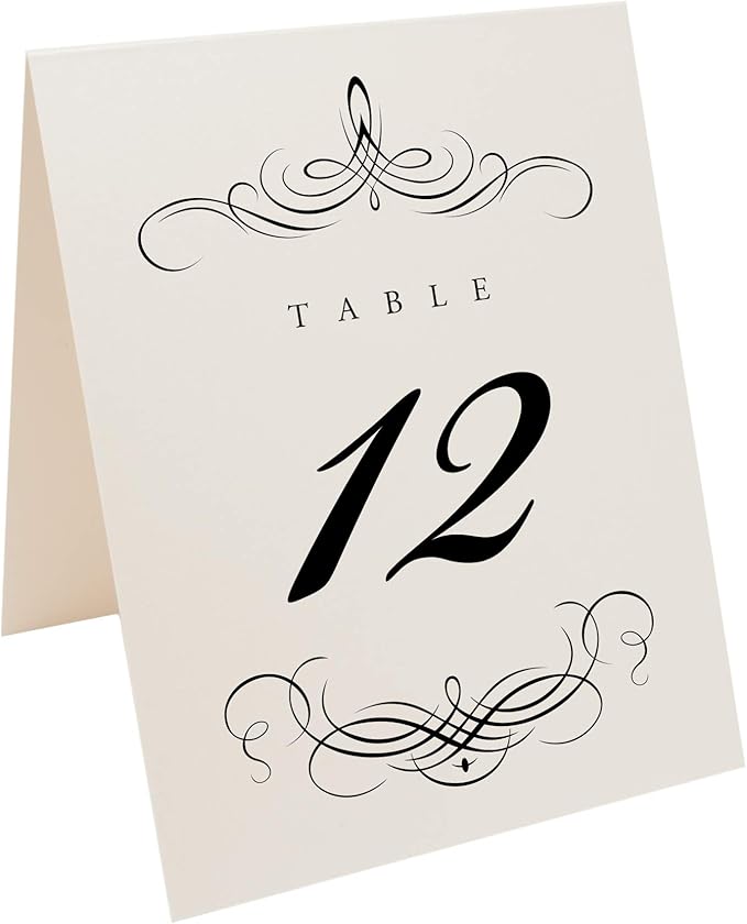 Decadent Flourish Wedding Table Numbers (Select Color/Quantity), Champagne, Black, 1-45, Double Sided, Tent or Use in a Stand, Great for Parties & Restaurants - Made in the USA