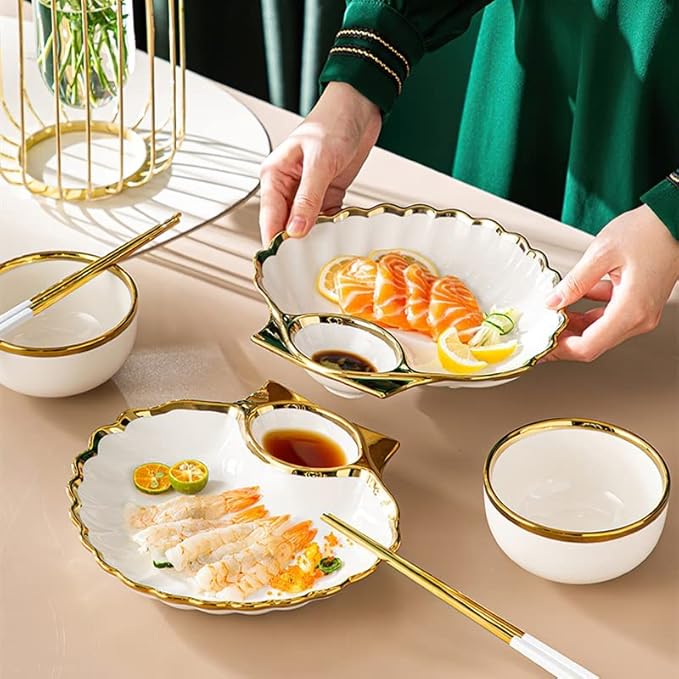 Tableware Set,Green Gold Rim Ceramic Dinner Plate Shell Breakfast Snack Dumpling Dishes Food Salad Noodle Bowl Soup Chopsticks Tableware Set