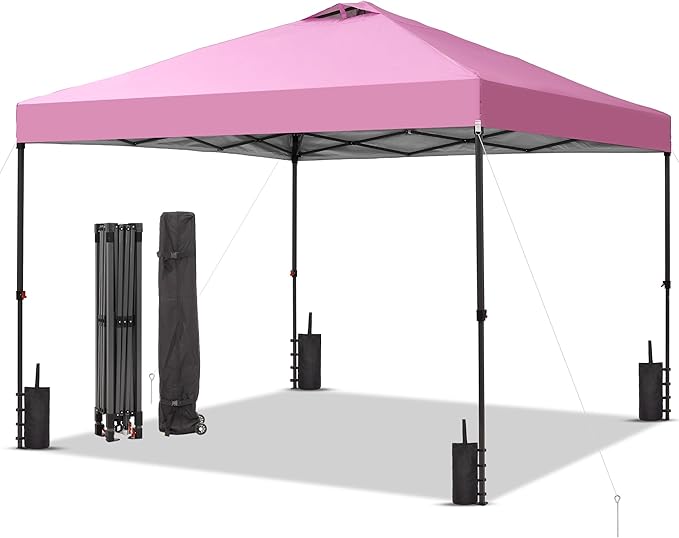 GDY 12x12 Pop Up Canopy Patio Carpas, One Push Set up with Central Lock Canopy with Wheeled Carry Bag, Included 4 Sandbaogs,8 Stakes and 4 Ropes, Pink