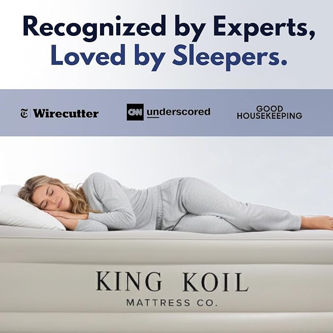 King Koil Luxury Queen Size Air Mattress with High-Speed Built-in Pump, Blow Up Bed Top Side Flocking, Puncture Resistant, Double High Inflatable Airbed Guests or Travel 1-Year Warranty