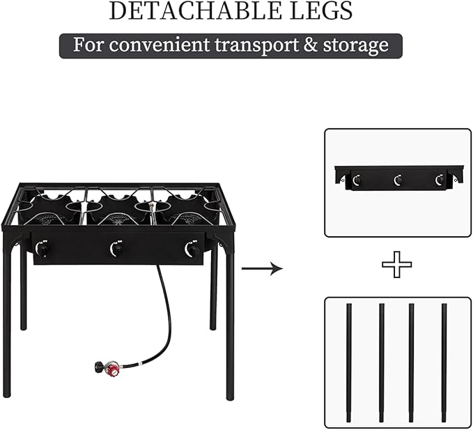 3 Burner Propane Gas Stove for Outdoor Cooking, Heavy Duty High Pressure Propane Gas Cooker Portable Iron Cast Patio Burner with Detachable Stand Legs, Regulator, Camping Cooker (225000-BTU)