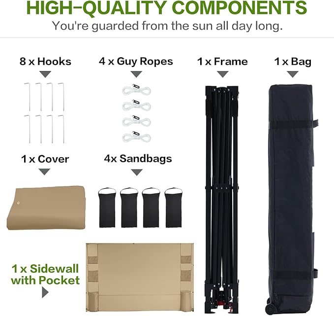 12'x12' Pop Up Canopy Tent with 1 Sidewall and 6 Pockets, One Push Setup, Instant Shade Tent with Vented Roof for Beach Patio Outdoor, Case, 8 Stakes, 4 Ropes, 4 Sandbags(Khaki, 12x12)