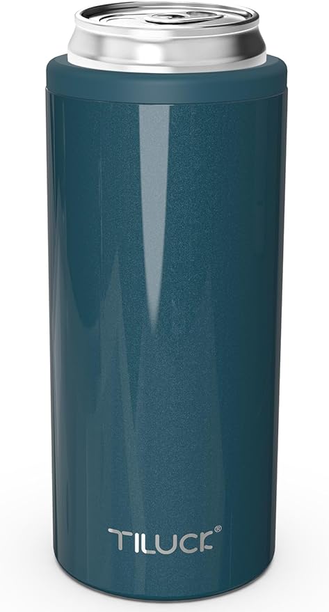 TILUCK Skinny Can Cooler for Slim Beer & Hard Seltzer, Stainless Steel, Doucle-Walled Stainless Steel Insulated Slim Cans, Standard 12 oz (Glitter Indigo)