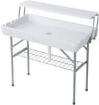 Allpop 2 Tiers Folding Ice Cooler Table with Matching Skirt, Portable Party Table with Grid Rack & Drain Hose for Patio Picnic Camping Wedding, White