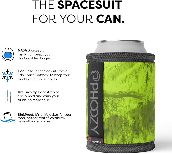 PHOOZY Insulated Can Cooler for 12oz Cans with NASA-Inspired Technology - Patented Koozie That Keeps Drinks Cold 10x Longer - Lightweight Beer Koozie for Outdoor Adventures - Green