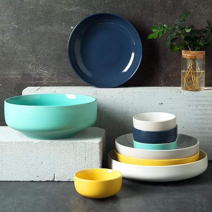 Camping Plates Household Large Capacity Soup Bowl Boiled Fish Noodle Bowl Fruit Salad Vegetable Plate Deep Plate Rice Bowl Ceramic Tableware Decorative Plate(5PCS)
