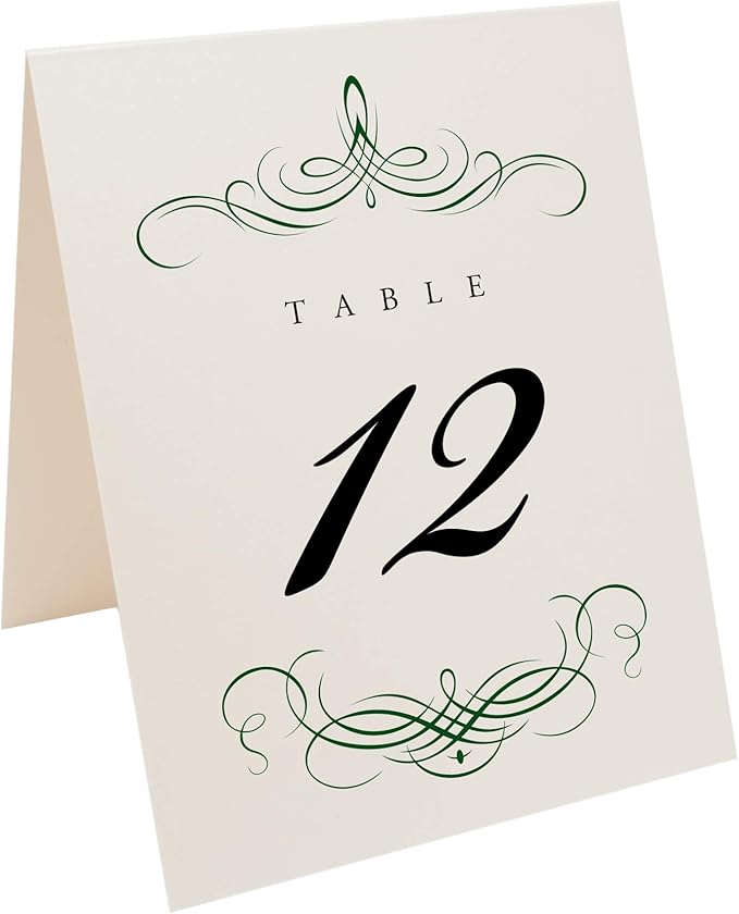 Decadent Flourish Wedding Table Numbers (Select Color/Quantity), Champagne, Hunter Green, 1-35, Double Sided, Tent or Use in a Stand, Great for Parties & Restaurants